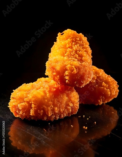 A minimalistic composition of crispy fried chicken tenders on a reflective black background