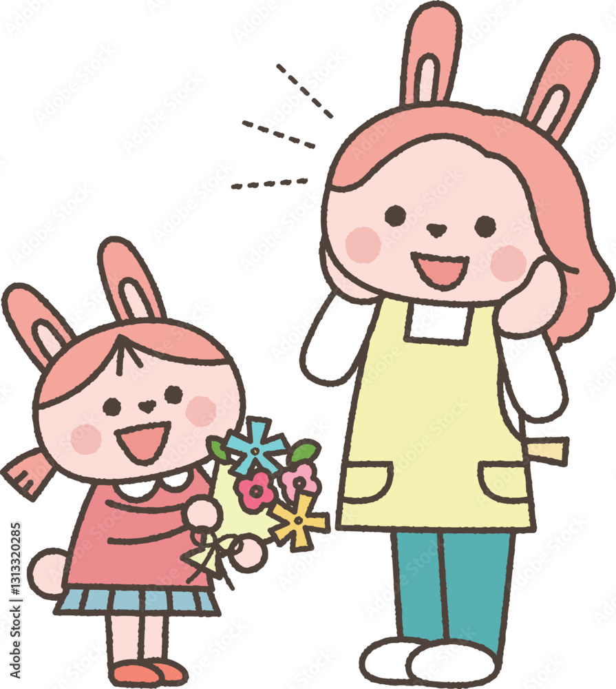 お母さんに花束を渡すウサギの女の子 お母さんに花束を渡すウサギの女の子