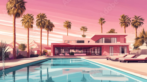 Pink Modern Desert House with Pool Palm Trees Sunset View