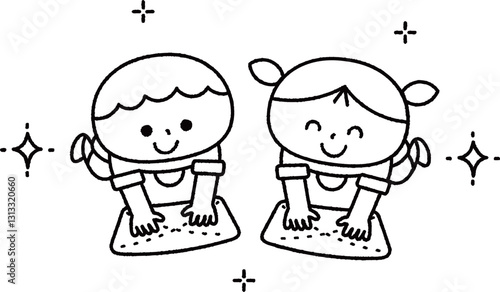 雑巾掛けをする子供達線画