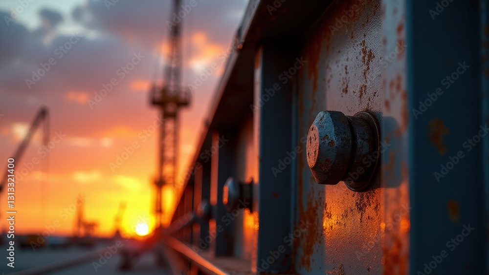 Steel beam with bolts, An imposing steel beam with rows of bolts captured at a dramatic low-angle under a sunset-sky glowing highlights smooth Steel beam with bolts, An imposing steel beam with rows of bolts captured at a dramatic low-angle under a sunset-sky glowing highlights smooth