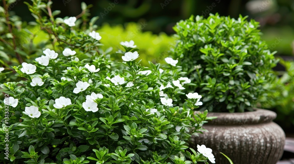 Beautiful Green Plants with White Flowers in a Garden Setting Beautiful Green Plants with White Flowers in a Garden Setting
