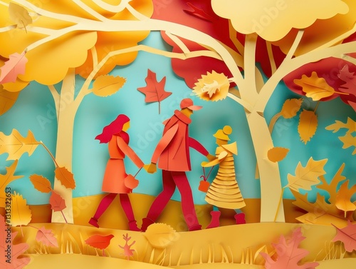 Vibrant paper craft style autumn family stroll with colorful trees and characters