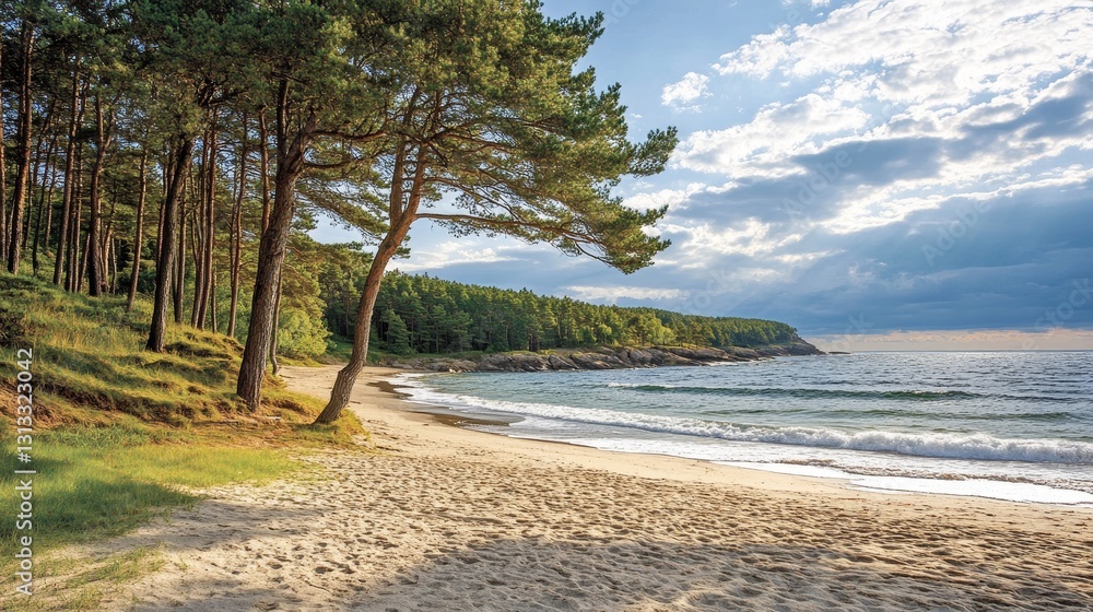 Scenic coastline with pine trees meets the sea a tranquil landscape under a blue sky with clouds natural beauty for travel backgrounds Scenic coastline with pine trees meets the sea a tranquil landscape under a blue sky with clouds natural beauty for travel backgrounds