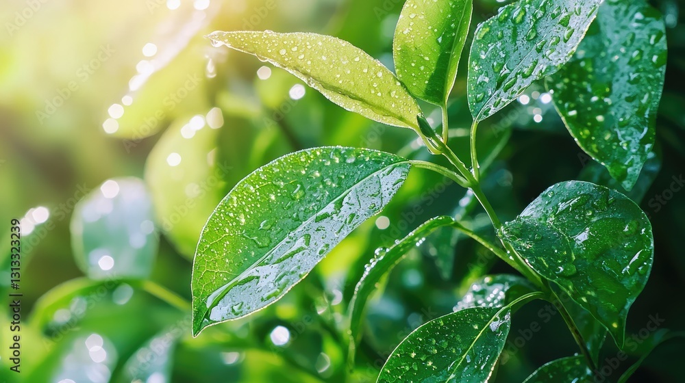 Fresh Green Leaves with Water Drops in Natural Light Environment Fresh Green Leaves with Water Drops in Natural Light Environment