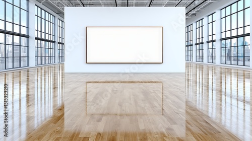 Modern Gallery Interior with Large Blank Canvas Hardwood Floor and City View Windows