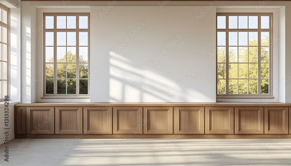 Fototapeta premium Sunlight streams into a room with wooden cabinetry and large windows