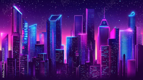 Vibrant Neon City Skyline at Night with Starry Background