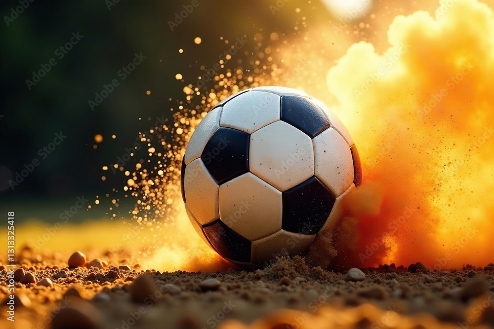 Fototapeta premium Dust explosion from kicked soccer ball, vibrant sunlight, equipment, bright