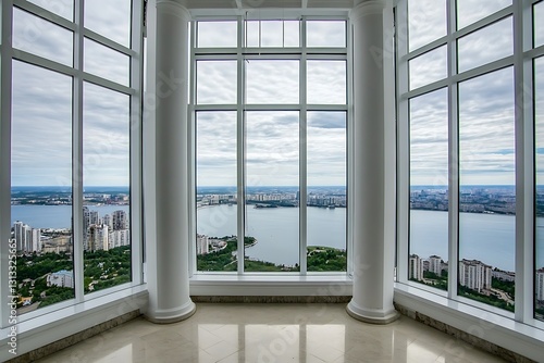 High Rise City View Through Large Windows