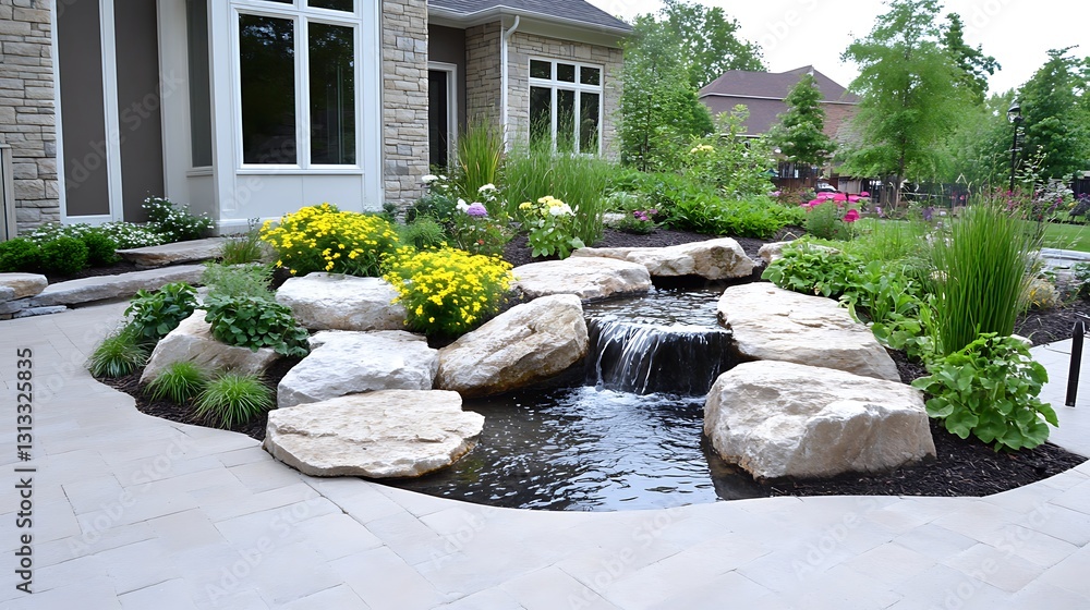 Serene Backyard Water Feature with Cascading Waterfall Landscaping and Stone Pathway Serene Backyard Water Feature with Cascading Waterfall Landscaping and Stone Pathway