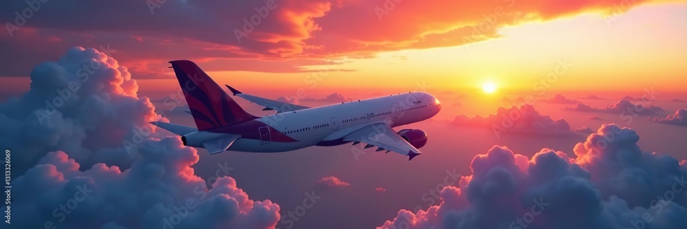 custom made wallpaper toronto digitalSunset hues paint clouds around sleek modern airliner , altitude, red, illustration