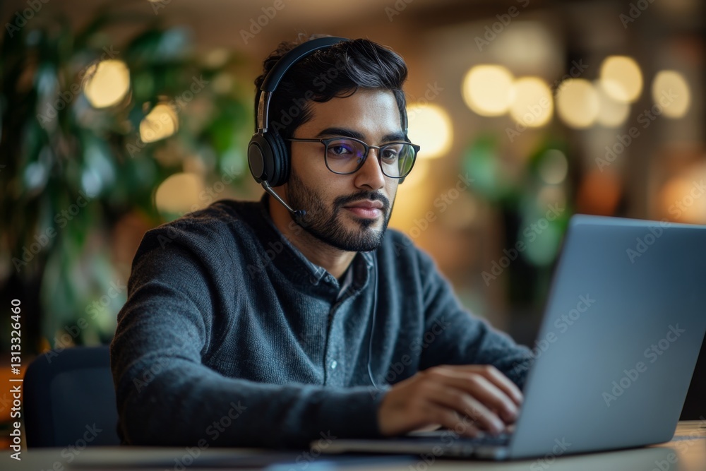 Focused Young Man with Headset Uses Laptop Online Work Modern Office Remote Job Focused Young Man with Headset Uses Laptop Online Work Modern Office Remote Job