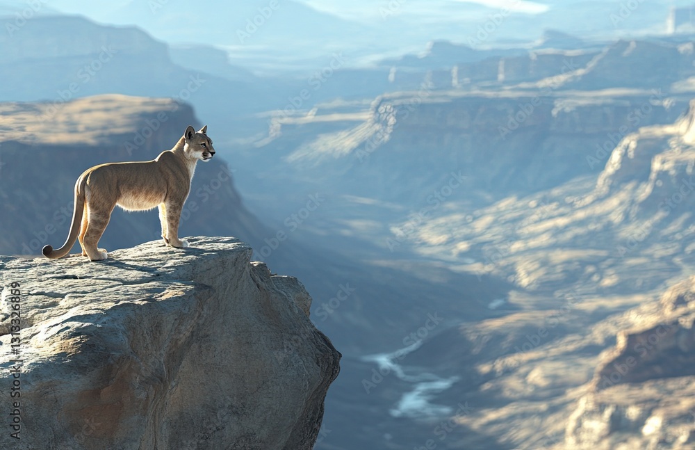 A fierce mountain lion standing on a rocky cliff overlooking a vast valley, its piercing eyes filled with strength. Ideal for wilderness, big cat, or nature-themed designs highlighting power