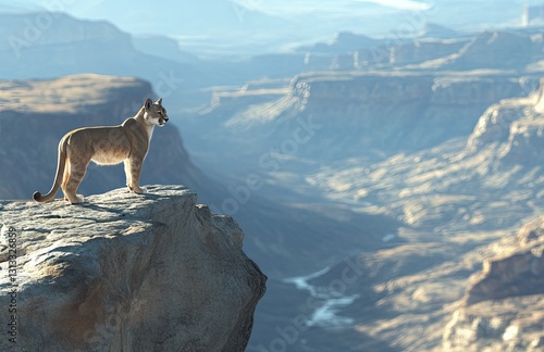 Obraz na płótnie A fierce mountain lion standing on a rocky cliff overlooking a vast valley, its piercing eyes filled with strength. Ideal for wilderness, big cat, or nature-themed designs highlighting power w salonie