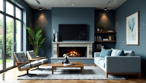 Gray blue living room, wood stone accents, elegant cozy design, sofa, cozy