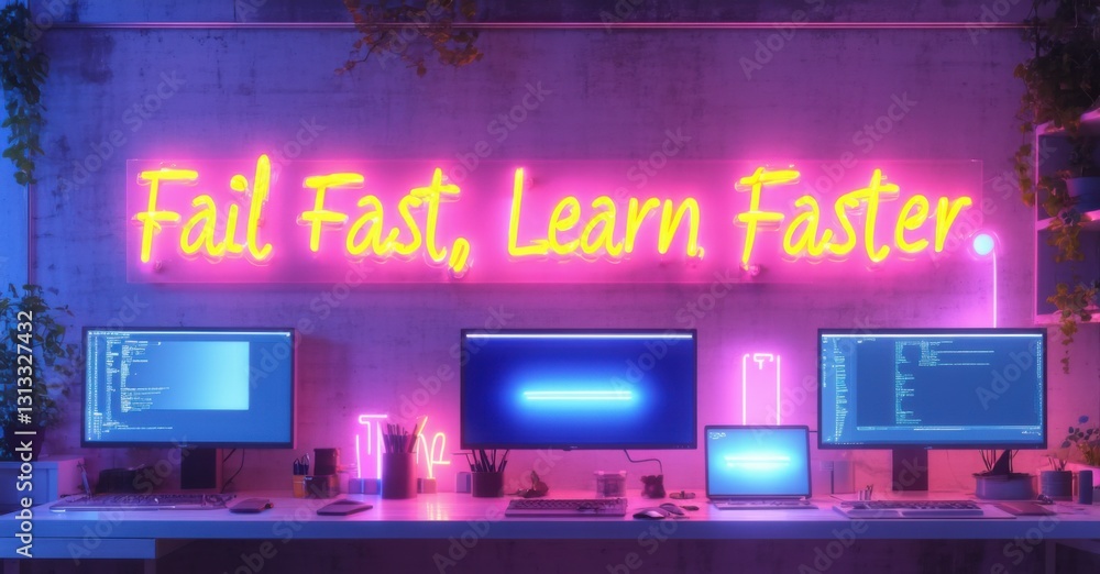 Fototapeta premium Neon sign fail fast learn faster cyber indigo warm peach glowing inside tech accelerator space casting reflections futuristic workstations