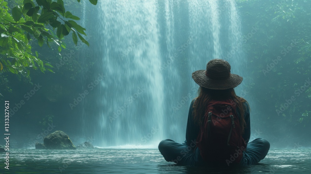 Obraz premium A woman sitting gracefully in a calm pool of water surrounded by nature, embracing peace and serenity