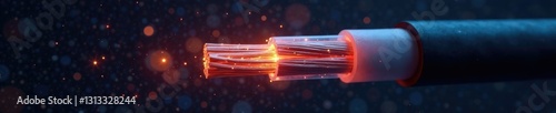 Electric cable's inner wiring is visible through the insulation with a subtle glow, lighting, optical, mechanism