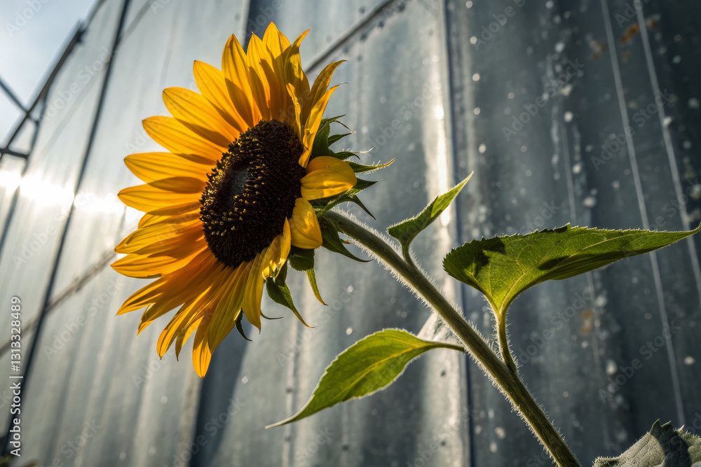 Φωτογραφία vibrant sunflower stands tall against textured metallic background, showcasing its bright yellow petals and dark center