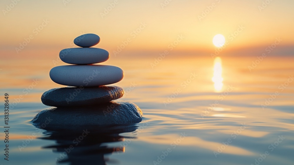 Balanced stack of smooth rocks standing firmly in clear water reflecting the serenity of nature surrounding it Balanced stack of smooth rocks standing firmly in clear water reflecting the serenity of nature surrounding it