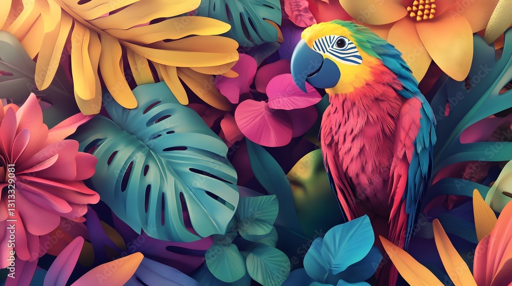 Fototapeta premium Vibrant Parrot in a Tropical Paradise: A Colorful Digital Artwork