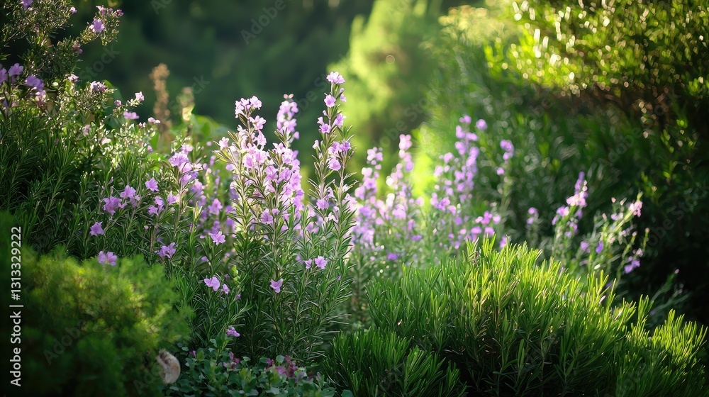 Obraz premium Beautiful Purple Flowers Blooming in Lush Green Garden Setting