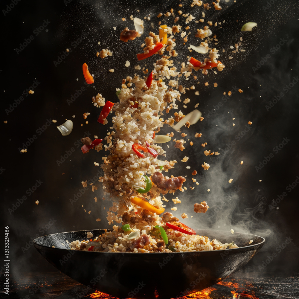Fried rice and vegetables tossed high in a wok Fried rice and vegetables tossed high in a wok