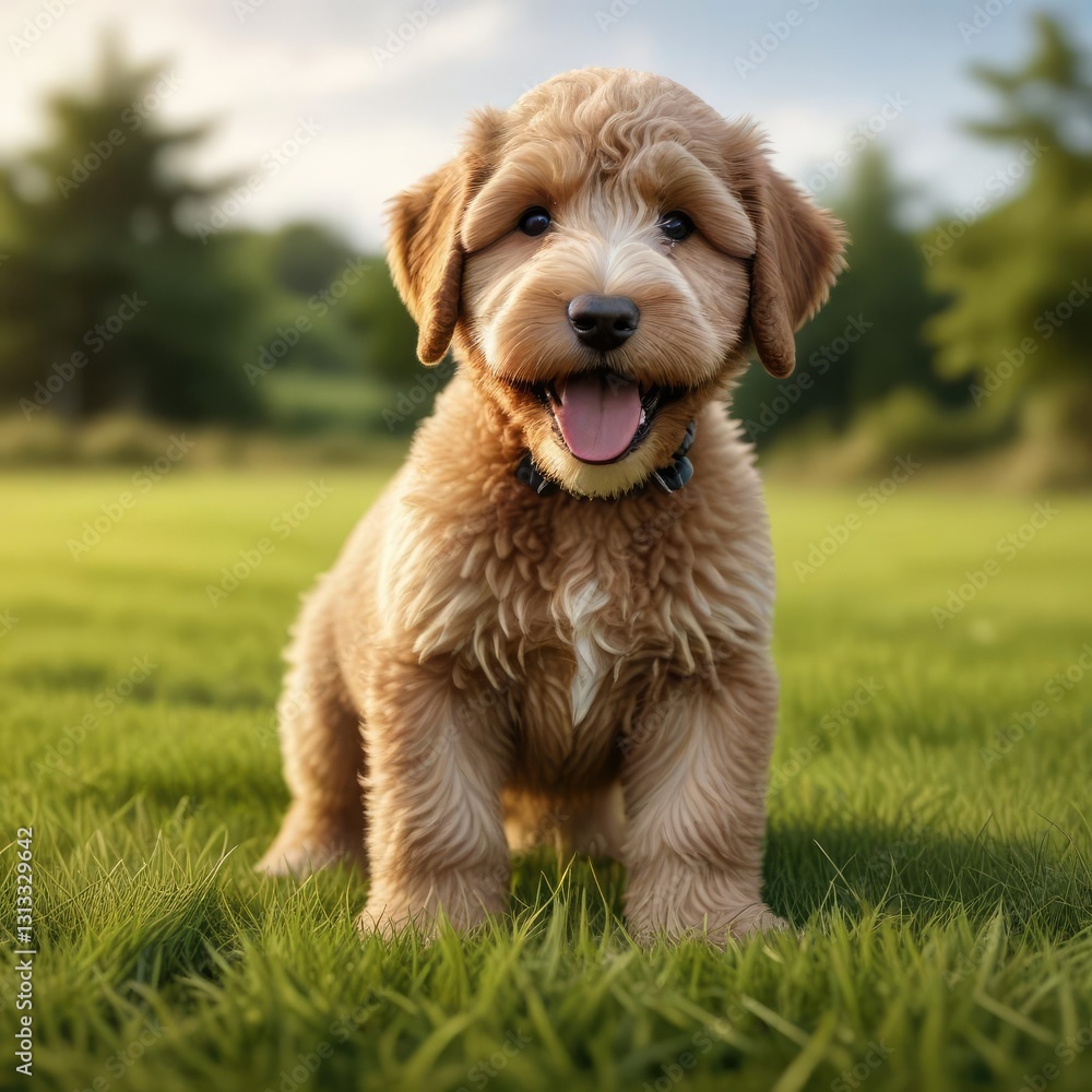Happy Labradoodle puppy playing on soft grass, happy dog, free to roam Happy Labradoodle puppy playing on soft grass, happy dog, free to roam