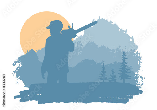 Lumberjack worker silhouette against brush painted sunset landscape.