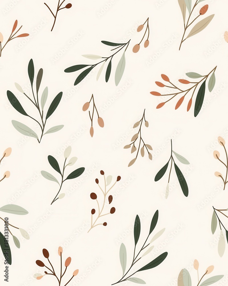 Fototapeta premium Charming pattern with leaves and berries showcasing eucalyptus sprigs in a minimalist seamless design style