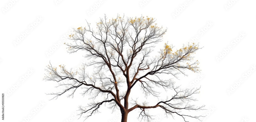 Fototapeta premium Lone deciduous tree, branches reaching skyward against pure white, artwork, powerful