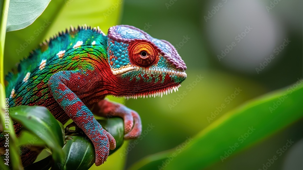 Fototapeta premium Vibrant Colorful Chameleon on Green Leaves in Natural Habitat