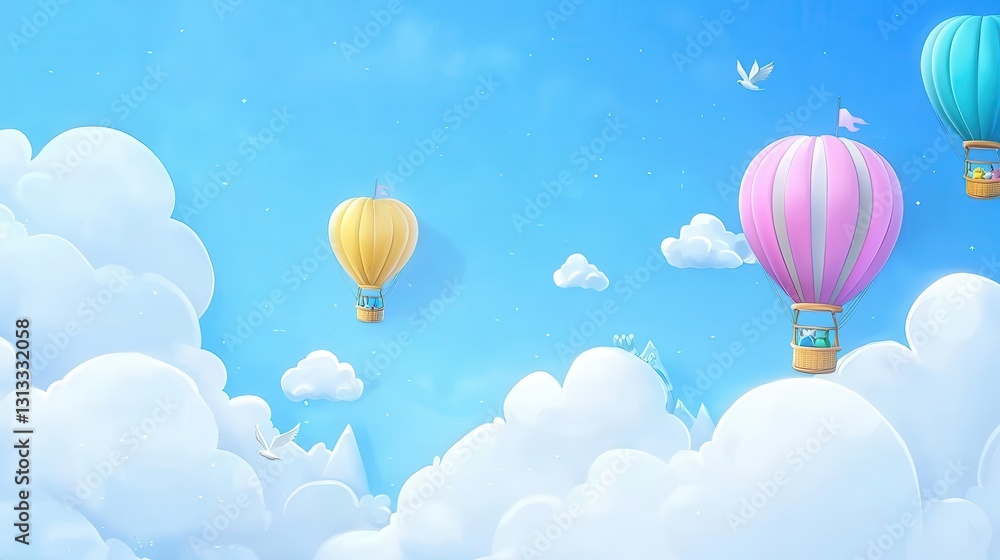 Obraz premium Colorful Hot Air Balloons Floating Through Blue Sky and Soft Clouds
