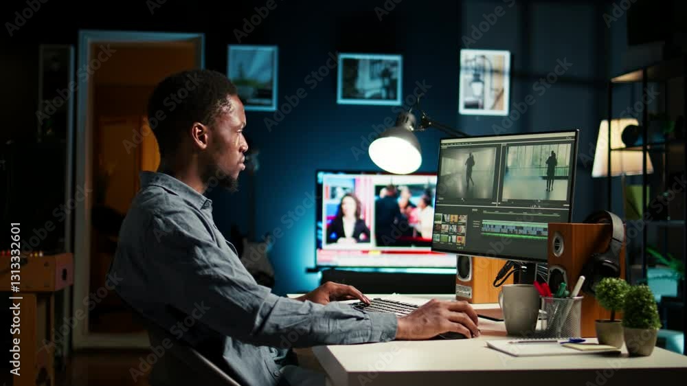 Young man video editor works on editing film footage at home setup, doing freelance contract for post production scenes. Editor correcting white balance and color grading, pc software. Camera A. Young man video editor works on editing film footage at home setup, doing freelance contract for post production scenes. Editor correcting white balance and color grading, pc software. Camera A.