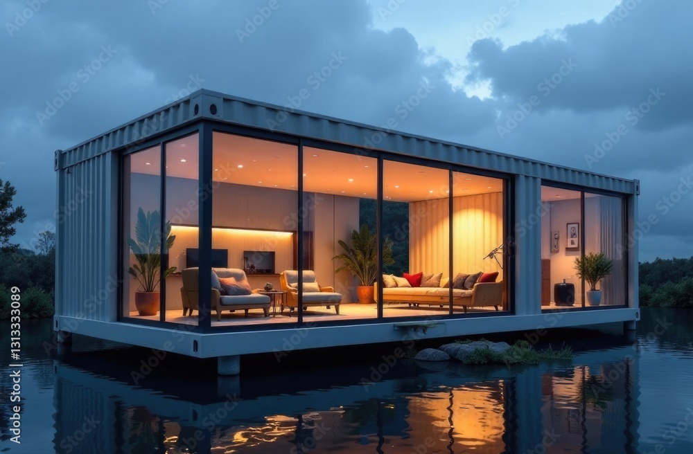 A futuristic container house with glass walls, atmospheric lighting inside, the interior of the living room is visible, many details, windows on the walls A futuristic container house with glass walls, atmospheric lighting inside, the interior of the living room is visible, many details, windows on the walls