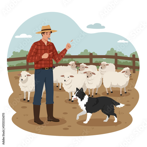 Farmer Herding Sheep with Dog on Farm Illustration