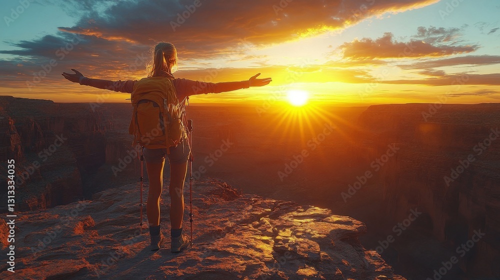 Fototapeta premium Hiker at Sunset on a Mountaintop
