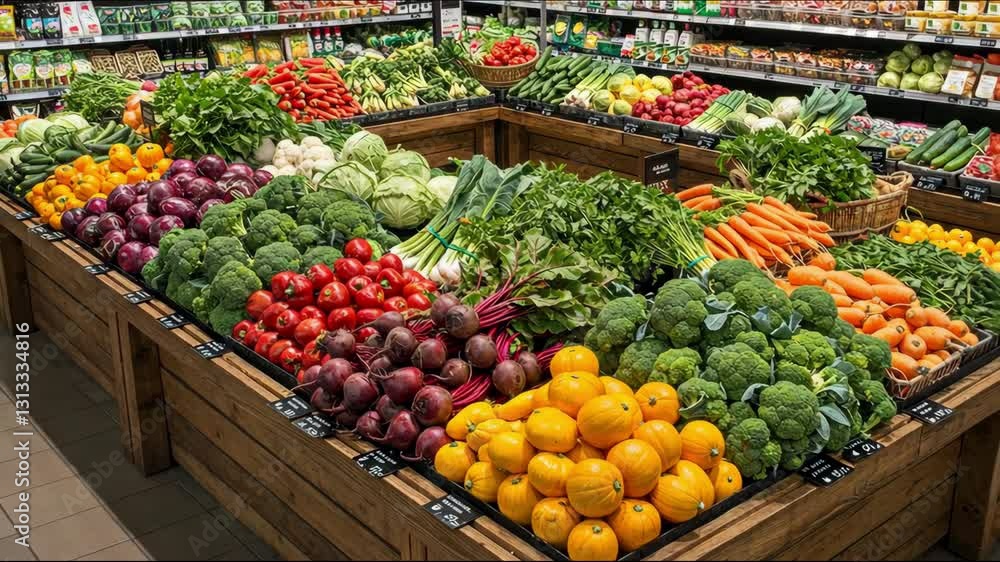 A vibrant display of fresh vegetables in a grocery store A vibrant display of fresh vegetables in a grocery store