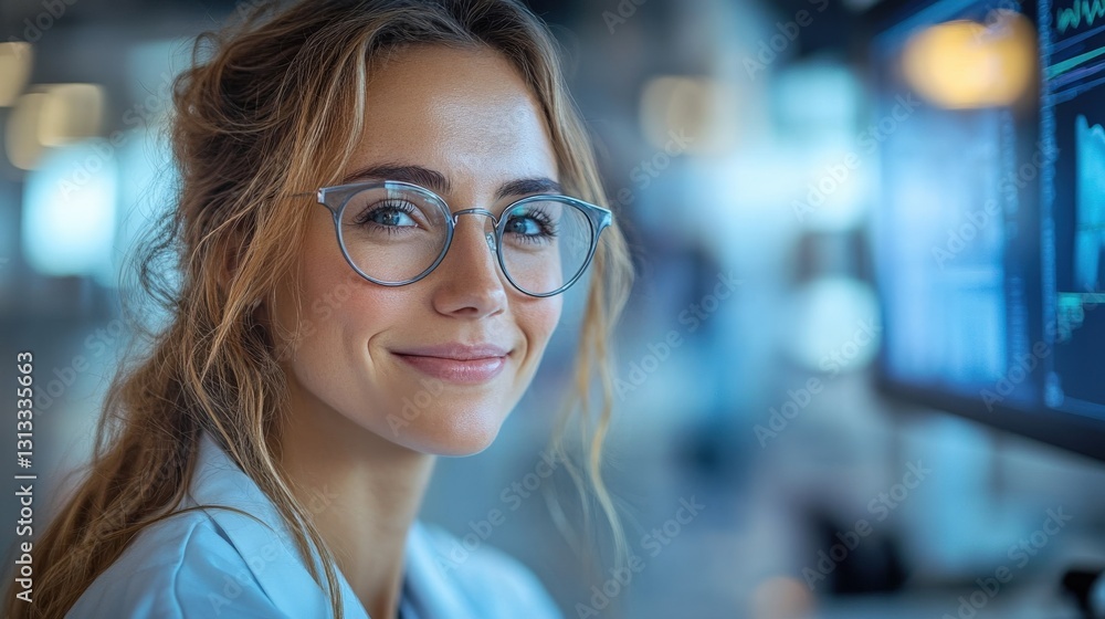 Smiling woman in lab coat with glasses, working on computer in a modern laboratory setting Smiling woman in lab coat with glasses, working on computer in a modern laboratory setting