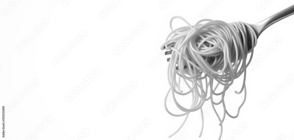 Fototapeta premium A tangled forkful of spaghetti against a pure white backdrop, illustration, menu