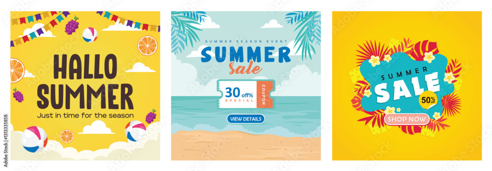 Fototapeta premium Summer elements with white clouds. Summer shopping coupons. Summer concept.