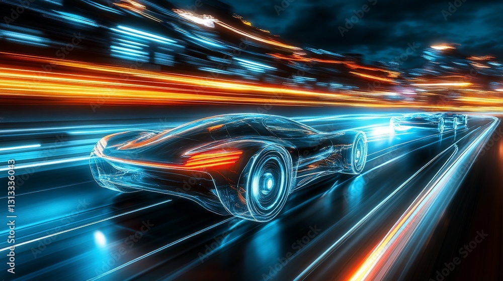Futuristic cars speed through the night creating vibrant trails of light on the road Futuristic cars speed through the night creating vibrant trails of light on the road