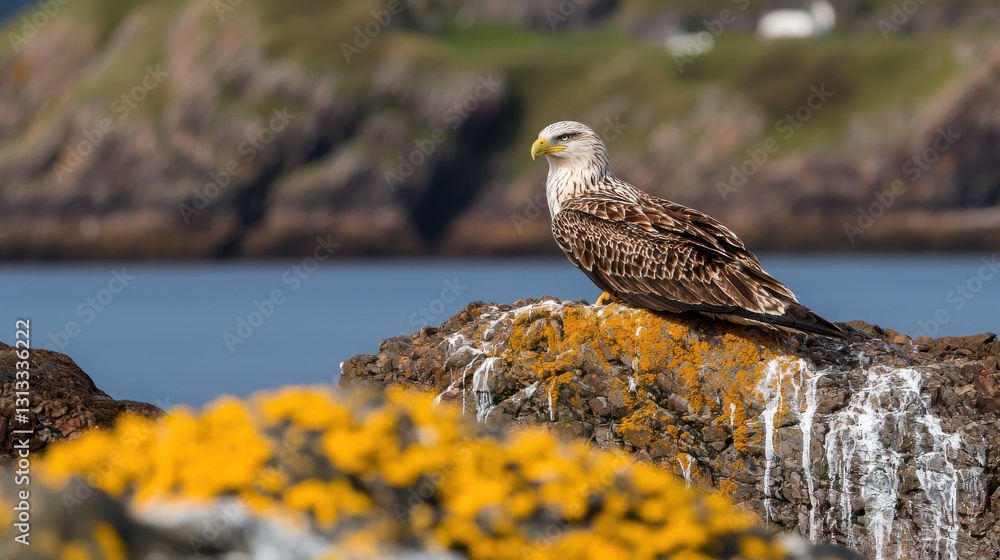 Fototapeta premium Juvenile Bald Eagle Perched on Rugged Rock Overlooking Calm Water and Rocky Terrain in the Background