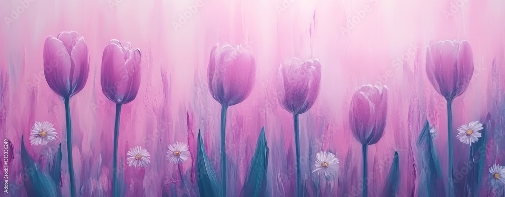 A radiant spring garden adorned with tulips and daisies in soft pastel shades A radiant spring garden adorned with tulips and daisies in soft pastel shades