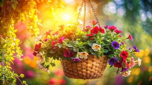 Panoramic Hanging Basket of Vibrant Flowers, Watercolor Style Illustration