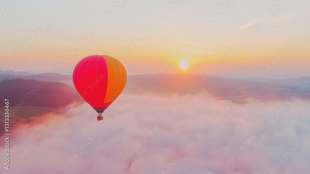 Fototapeta premium Rising early in the morning, a vibrant hot air balloon navigates through low clouds as the sun begins to illuminate the horizon