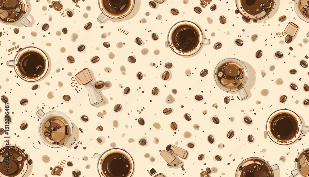 Obraz premium Coffee Cups and Beans Pattern, Cute Illustration, Cafe Background, Beverage Art Decor