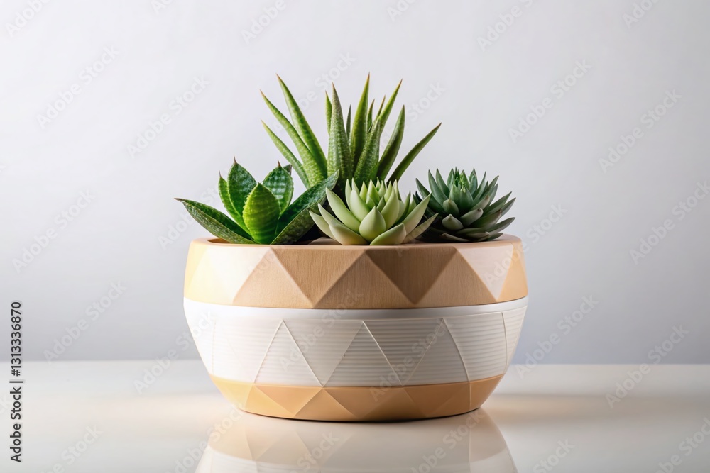 Panoramic Modern Plant Pot with Geometric Lines & Neutral Colors - Stock Photo Panoramic Modern Plant Pot with Geometric Lines & Neutral Colors - Stock Photo