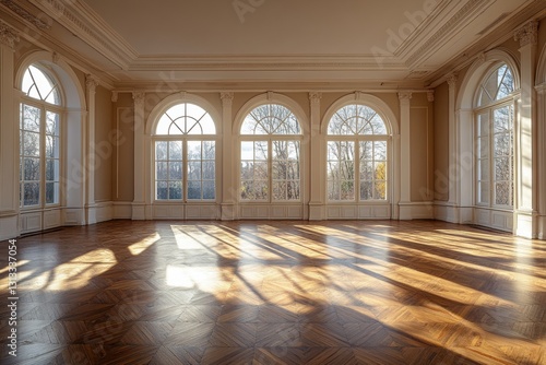 Sunlit grand hall with arched windows and parquet floor. Ideal for showcasing luxury  elegance  or real estate.